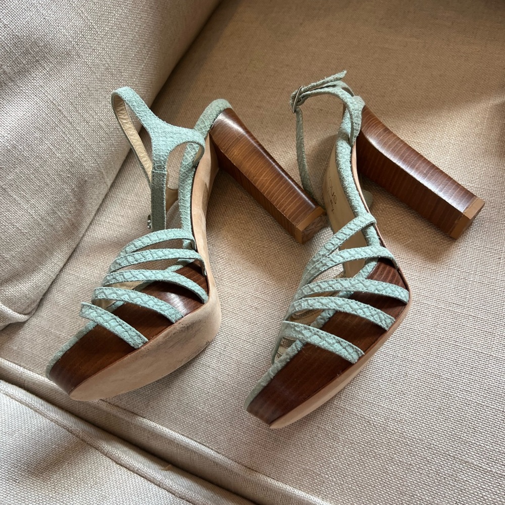 MARCHEZ VOUS Italy suede embossed green wooden heel 4.5” SANDALS